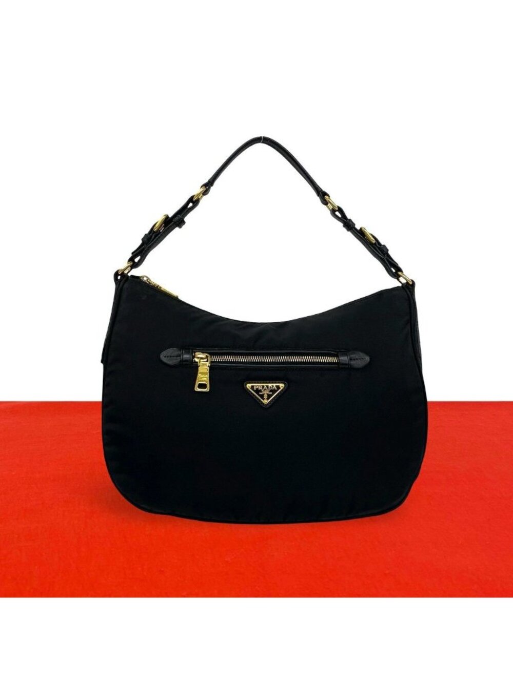 Prada Triangle Logo Tessuto Pocono Nylon Leather Shoulder Bag Black